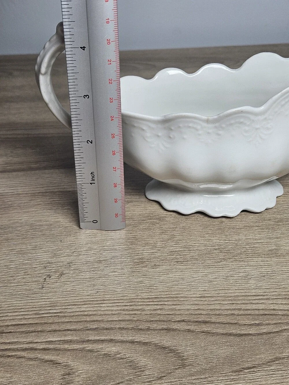 Vintage White Ceramic Gravy Boat Scalloped Embossed Scroll Handle Unmarked